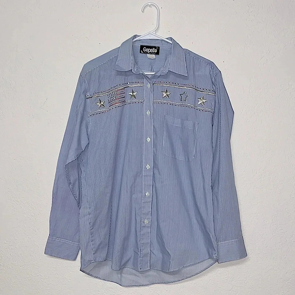 Vintage Western cowgirl blouse medium‎ long sleeve pin stripe Americana top